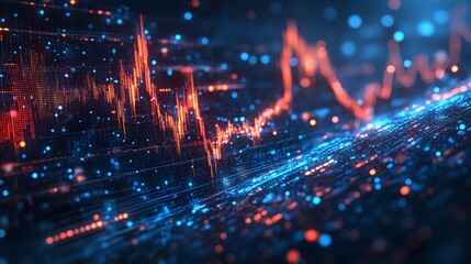 Abstract digital background with vibrant wave patterns and data visualization elements in blue and orange tones.