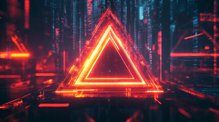 Poster - Illuminated red triangular shape in a futuristic digital landscape at night