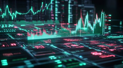 Poster - Abstract digital data visualization with colorful graphs and charts on sleek black interface.