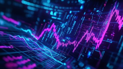 Poster - abstract digital data visualization with colorful graphs and lines on a dark background.