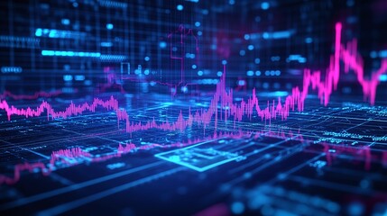 Poster - abstract digital data visualization with dynamic pink and blue graph lines representing trends and a
