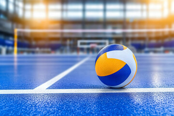 A volleyball sits on a blue court with white lines, ready for the game.