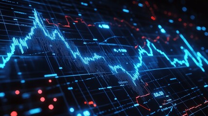 Poster - abstract digital data visualization with fluctuating line graph in blue and red tones against a dark