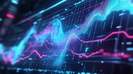 Poster - abstract digital data visualization with glowing blue and pink lines representing market trends.