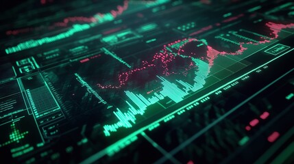 Poster - abstract digital data visualization with glowing charts and graphs on a dark background.