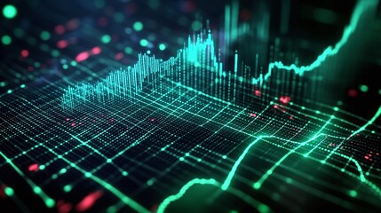 Poster - abstract digital data visualization with glowing graphs and charts in vibrant colors.