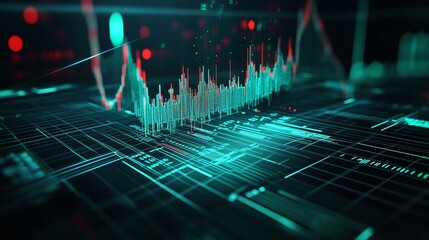 Poster - abstract digital data visualization with glowing graphs and network lines on a dark background.