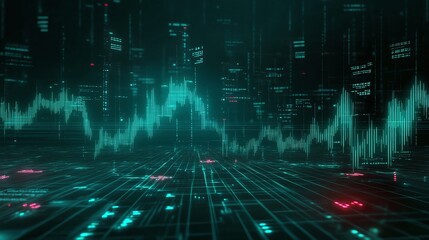 Poster - abstract digital data visualization with glowing graphs and waveforms against a dark background.