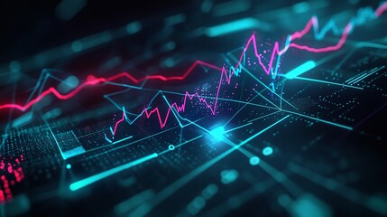 Poster - abstract digital data visualization with glowing graphs and lines on a dark background.