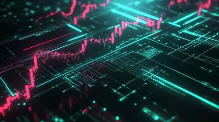Poster - abstract digital data visualization with glowing lines and chart patterns in neon colors.