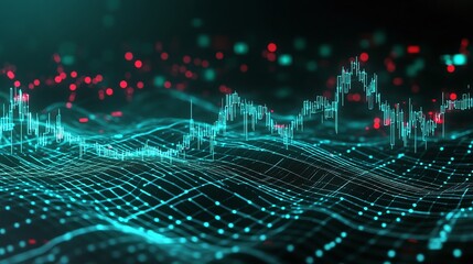 Poster - abstract digital data visualization with glowing lines and dots representing stock market trends.