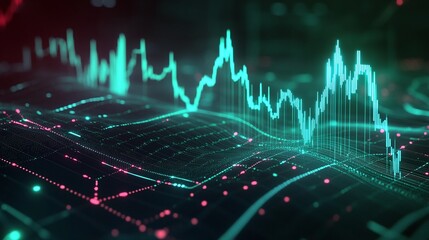 Poster - abstract digital data visualization with glowing lines and waves representing stock market trends.