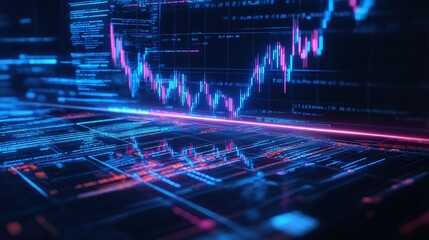 Poster - abstract digital data visualization with glowing lines and graphs.