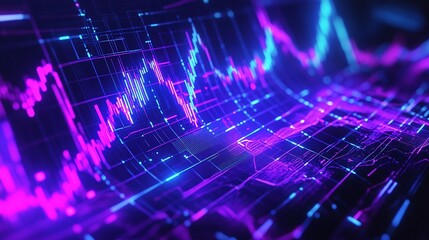 Poster - abstract digital data visualization with glowing lines in blue and pink tones, representing stock ma