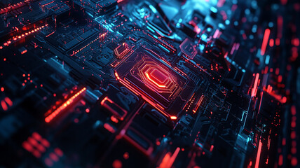 Poster - Exploring a futuristic circuit board filled with vibrant neon lights and intricate details