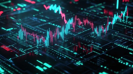 Poster - abstract digital data visualization with vibrant color lines and graphs representing financial trend