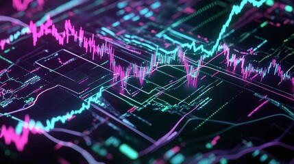 Poster - Abstract digital data visualization with vibrant colors, showcasing fluctuating graphs and metrics.