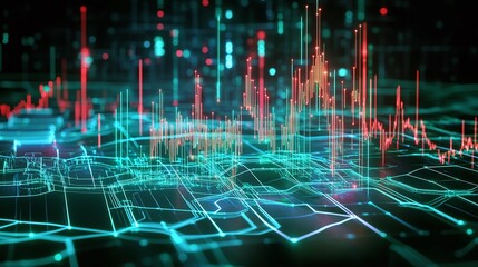 Poster - abstract digital data visualization with vibrant graphs and lines representing fluctuating informati
