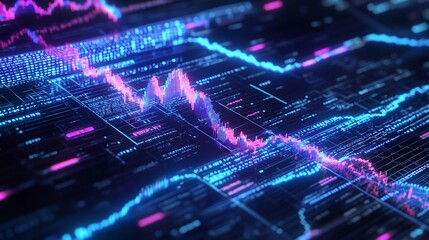 Poster - abstract digital data visualization with vibrant lines and waves representing data flows and trends,
