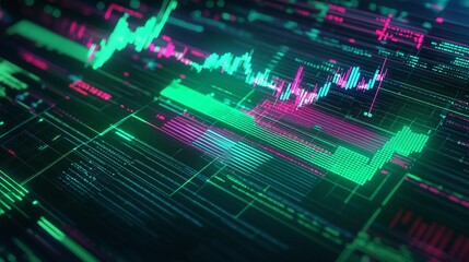 Poster - abstract digital data visualization with vibrant neon colors and dynamic graphs on a dark background