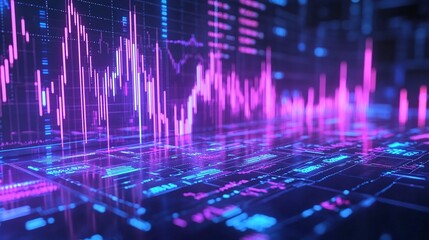 Poster - abstract digital data visualization with vibrant pink and blue charts on a dark background, represen