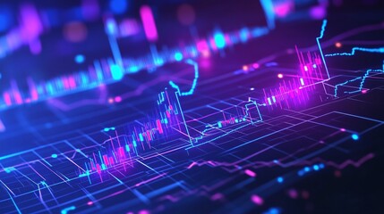Poster - abstract digital data visualization with vibrant purple and blue lines, depicting graphs and trends.