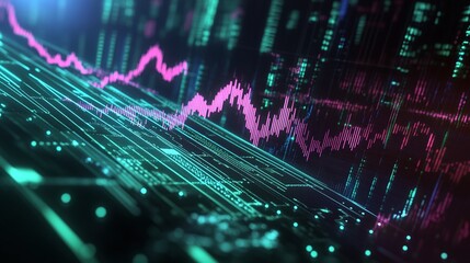 Poster - abstract digital data visualization, featuring graphs and metrics in vibrant colors, representing fi