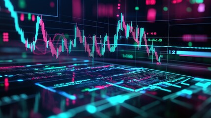 Poster - Abstract digital display of stock market fluctuations with colorful charts and data lines.