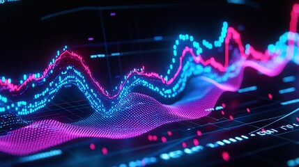 Poster - abstract digital financial chart with colorful glowing lines and dots on a dark background.