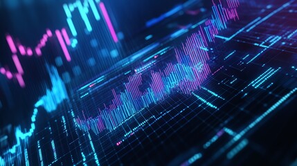 Poster - abstract digital financial data visualization with colorful graphs and charts in a futuristic style.