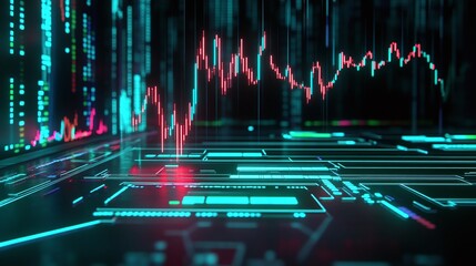 Poster - abstract digital financial data visualization with colorful graphs and metrics on a futuristic inter