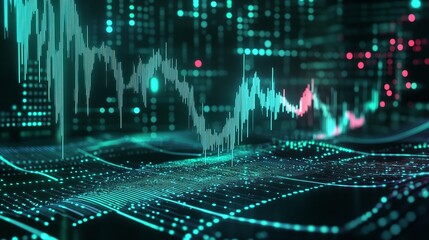 Poster - abstract digital financial data visualization with glowing graphs and charts on a dark background.