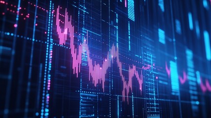 Poster - abstract digital financial data visualization with glowing line graphs and charts on a dark backgrou