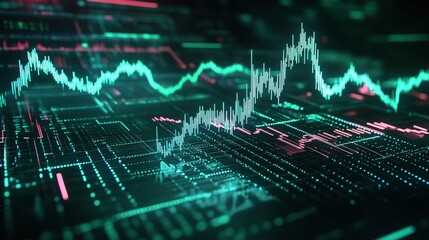 Poster - abstract digital financial data visualization with graphs and charts in green and pink tones.