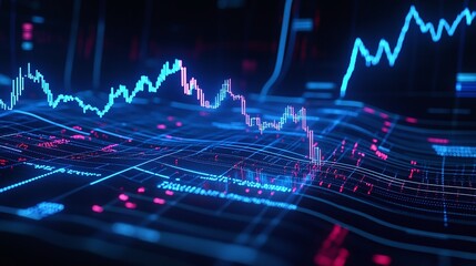 Poster - abstract digital financial data visualization with graphs and charts in blue and pink colors.