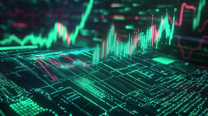 Poster - abstract digital financial data visualization with green and pink graphs on dark background, represe
