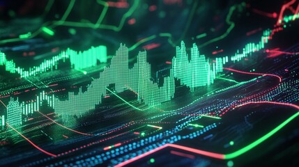 Poster - abstract digital financial graph visual with green and red signals on dark background.