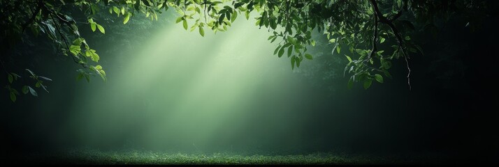 A magical green forest with beams of light shining through the lush foliage, creating a sense of wonder and mystery.  The forest floor is covered in a carpet of green, symbolizing growth, peace, and t