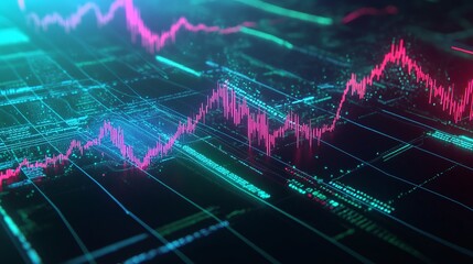 Poster - abstract digital financial graph with colorful lines displaying market trends and data analysis.