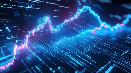 Poster - abstract digital graph representing financial data trends with vibrant blue and pink lines.