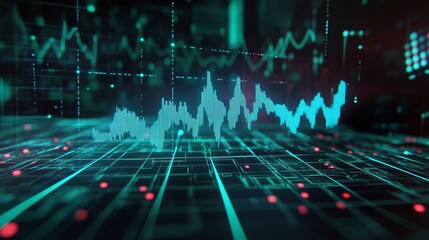 Poster - abstract digital graph visualization on a dark background showcasing data trends and fluctuations.