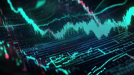Poster - abstract digital graph with dynamic fluctuations on a dark background. ideal for finance and data vi