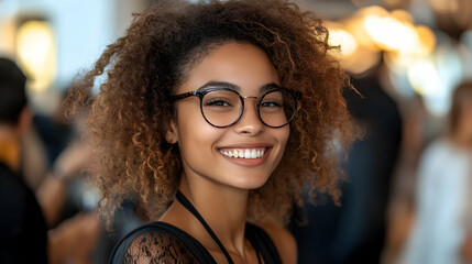 Sticker - Woman with Curly Hair and Glasses Smiles with Confidence