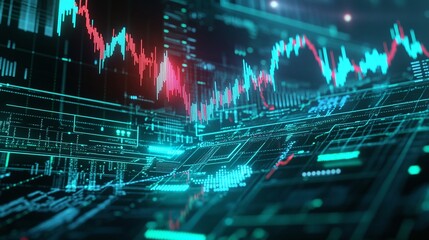 Poster - abstract digital interface with glowing data charts and graphs representing market statistics and fi