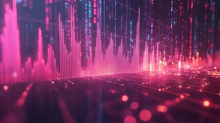 Poster - abstract digital landscape featuring vibrant data visualization with pink and blue tones, representi
