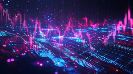 Poster - Abstract digital landscape with vibrant pink and blue wave patterns, representing data visualization and technology concepts.
