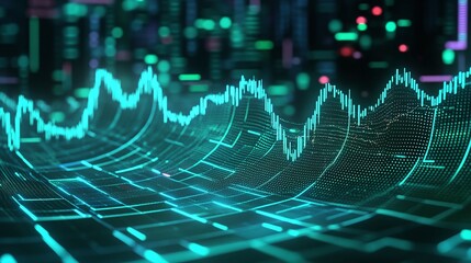 Poster - abstract digital sound wave in turquoise hues with fluctuating data representation on a virtual back
