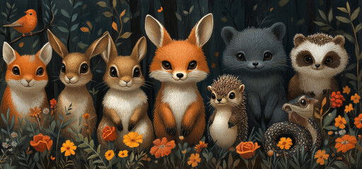 Wall Mural - Cute woodland creatures in a forest setting.