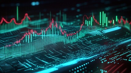 Poster - Abstract digital stock market data visualization with glowing green and red graphs on a dark background.