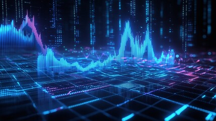 Poster - abstract digital technology background with glowing data graphs and lines in blue and pink colors.